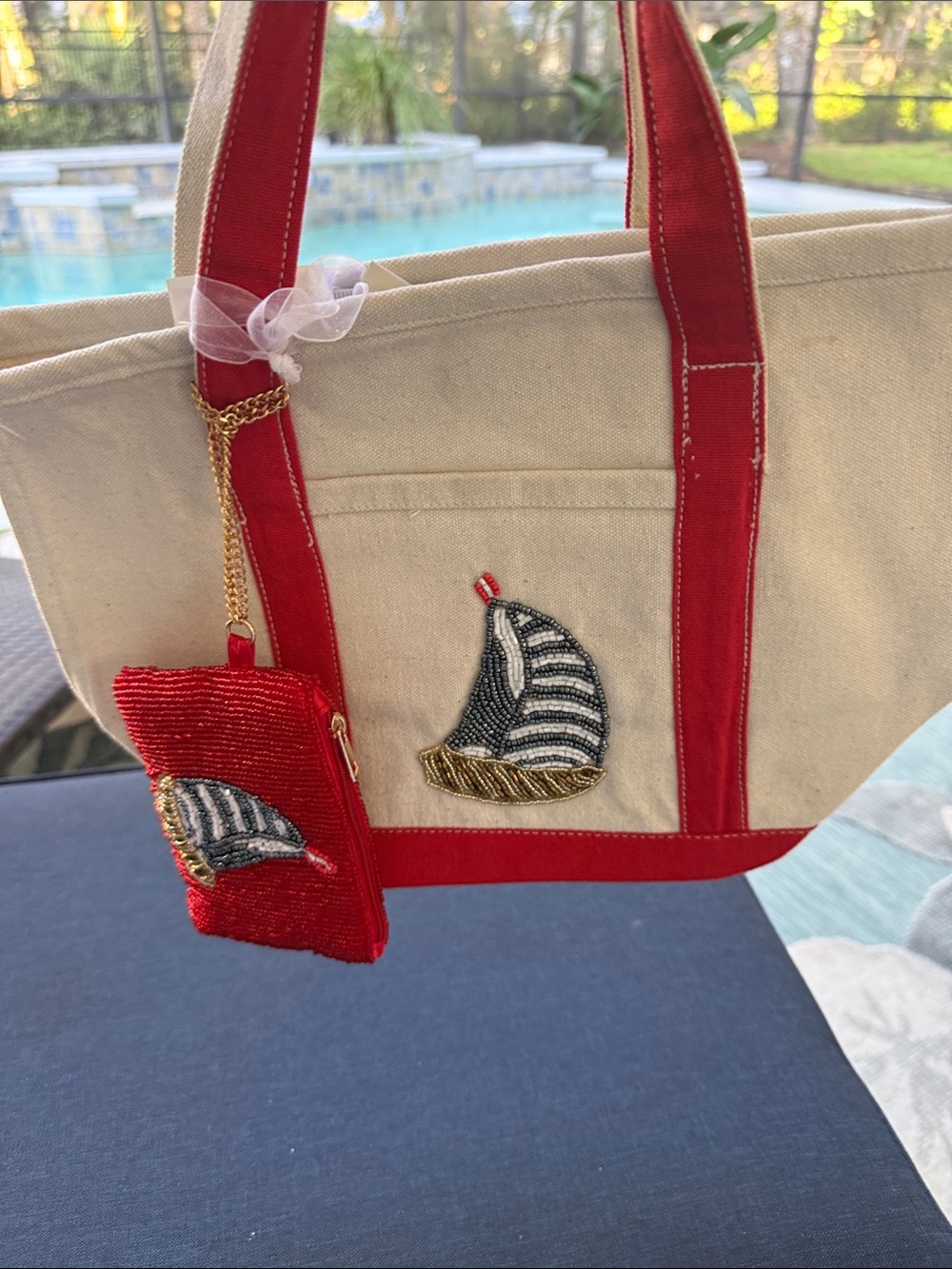 Canvas Tote with Red Trim and Nautical Sailboat Accent